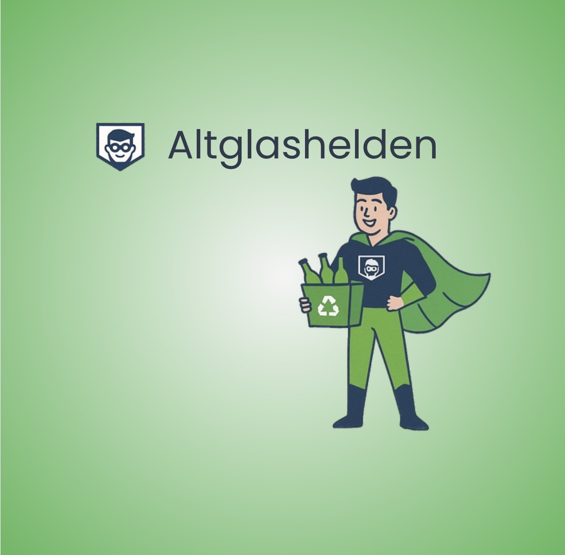 Altglashelden-Heldenfigur hält eine Box mit Altglasflaschen